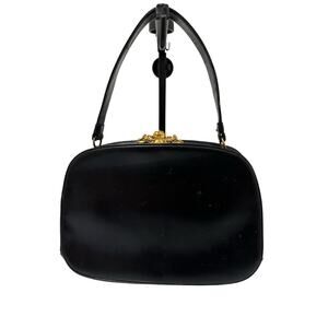Vintage 1950's Hard Side Black Leather Handbag w/ Gold Flower Hardware